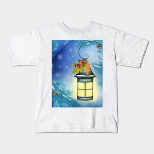 Vintage streetlight on winter background. Watercolor winter holidays illustration. Magic scenery print Kids T-Shirt